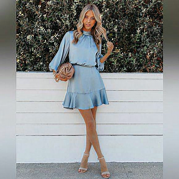 Call Me Angel Textured Satin Dress in Dusty Blue - Picture 11 of 11